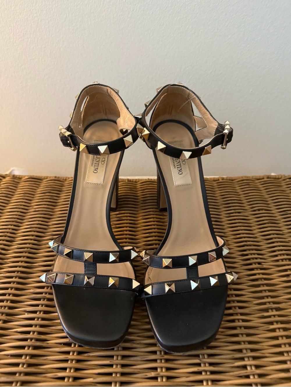 Valentino Black Leather Studded Ankle-Strap Heels